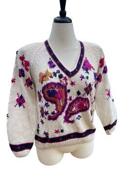 Vintage Floral Knit Sweater Cottagecore Size Small V-Neck Cream & Pink Patterned